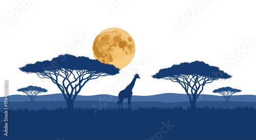Giraffe standing under full moon.