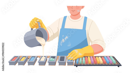 Artisan Crafting Process: An artisan pours a liquid into colorful molds, creating handmade products. It is a visual celebration of creativity, patience, and the joy of crafting.