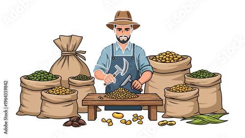 Farmer's Harvest: A hardworking farmer meticulously sorts and prepares harvested crops amidst overflowing burlap sacks.