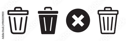 Set of black linear trash bin icons including outline and solid fill trashcan symbols with remove cross mark.