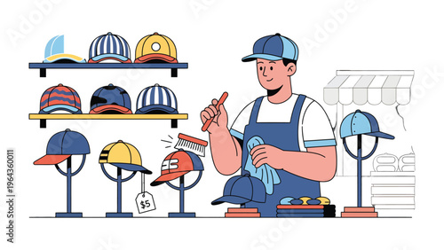 Hat Shop and Craftsmanship: A hatmaker meticulously crafts and arranges diverse hats in his shop, demonstrating care and precision.