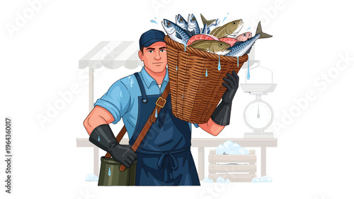 Market Fresh Catch: A fishmonger strides purposefully, bearing a brimming basket of freshly caught fish, epitomizing the day's yield and the essence of the seafood market.