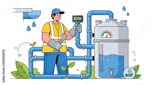 Water system maintenance: A skilled technician diligently monitors and maintains a modern water filtration system, ensuring the efficient and eco-friendly distribution of clean, filtered water. 