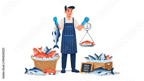 Fisherman's Bounty: A dedicated fisherman stands proud, surrounded by a colorful assortment of freshly caught fish, presenting his bountiful catch with skilled precision.