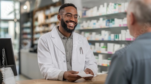 A smiling pharmacist assists a customer in a modern pharmacy, holding a prescription with shelves of medication in the background.