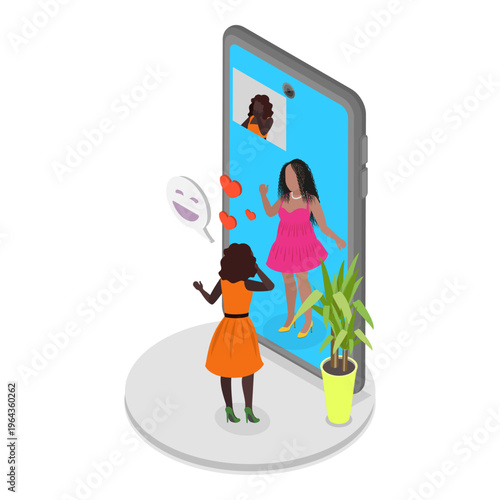 3D Isometric Flat Vector Illustration of Phone in a Dialogue Scene, Laughing Girls Communicate On Cellphone Using Reliable Mobile Provider Network.. Item 1