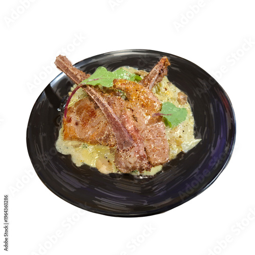 Hand-painted pesto risotto with grilled lamb chops on a black plate, isolated on transparent background