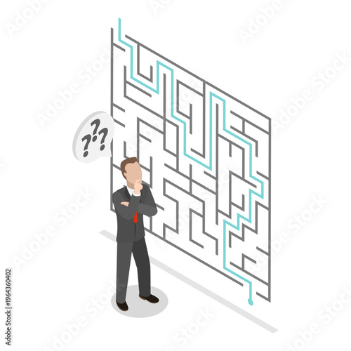 3D Isometric Flat Vector Illustration of Different Approach , Businessmen Propose Unique Solution To Overcome Challenging Maze.. Item 3