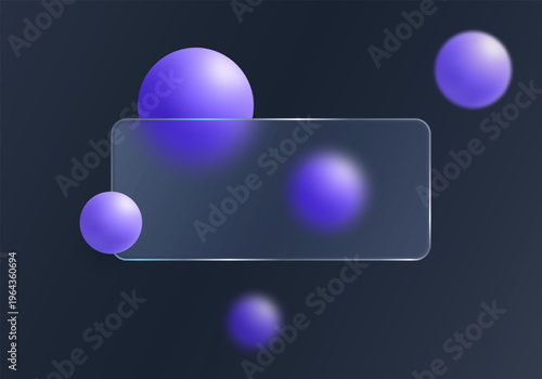 Frosted glass banner with glowing violet spheres on a dark blue gradient background.