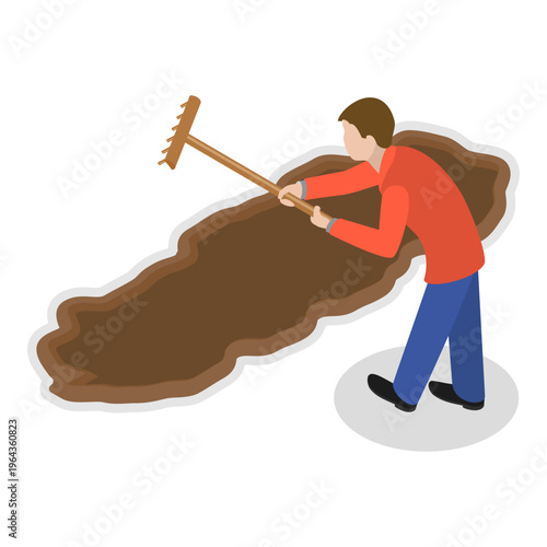 3D Isometric Flat Vector Illustration of Home Garden, Gardening Tools For Soil Preparation And Planting By People. Item 5