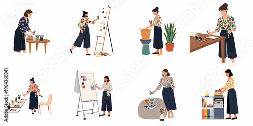 Flat vector illustrations of creative women working in modern home office environments, engaging in design, planning, and organizational activities.