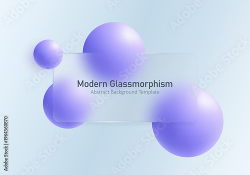 Glass morphism banner with translucent panel and violet spheres on light blue background