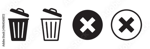 Open trash can vector icons set with cancel cross symbols for digital interface delete and remove functions.