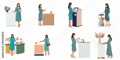 Set of illustrations featuring a professional female receptionist performing various hospitality and administrative tasks in a hotel or office environment.