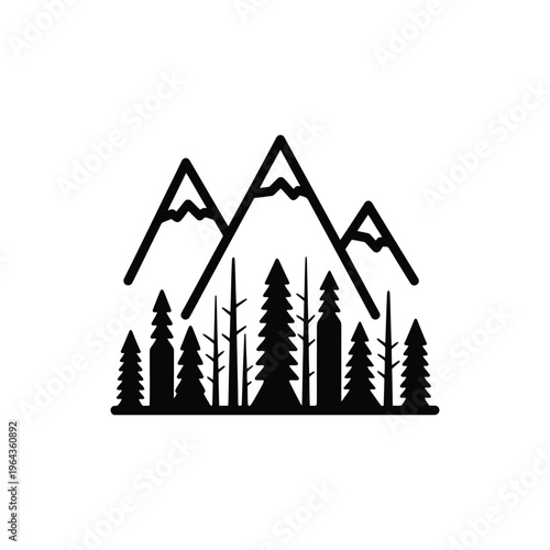 Black silhouette of pine trees mountains.
