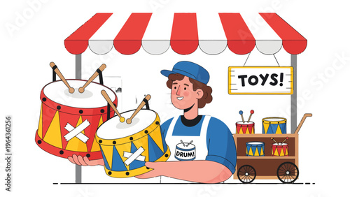 Toy Shop's Delights: A cheerful vendor presents a colorful drum at a bustling toy shop, promising endless fun and amusement. 