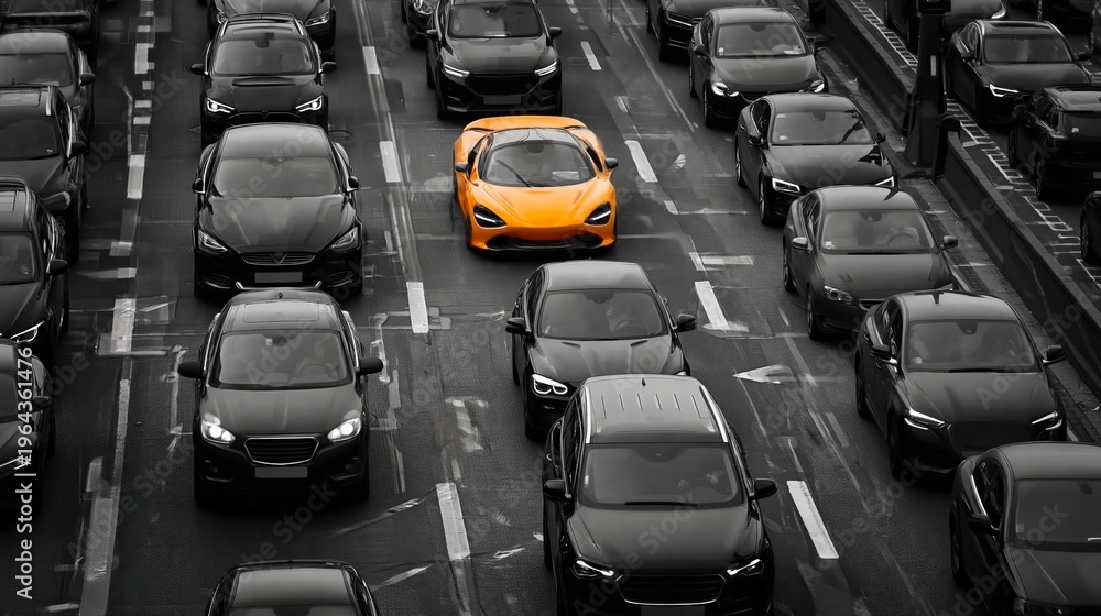 Fototapeta premium Bright orange sports car stands out among a sea of black vehicles in heavy traffic on a busy urban road during daylight hours