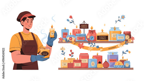 Artisan of Aromas: An artisan proudly presents a fragrant candle, surrounded by a captivating collection of diverse candle.