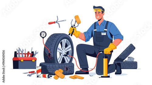 Mechanic Repairing Car Tire: A skilled mechanic meticulously repairs a car tire, surrounded by essential tools, demonstrating precision and expertise in automotive care.