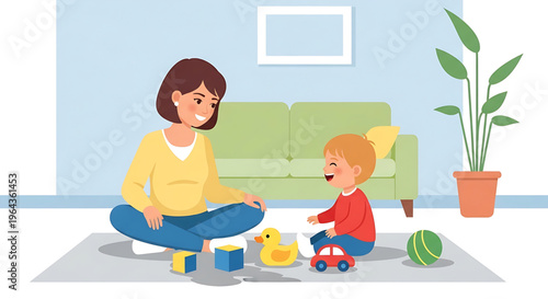 Mother and toddler enjoying joyful playtime with colorful toys on a rug. Illustration showing early childhood development and precious family bonding moments
