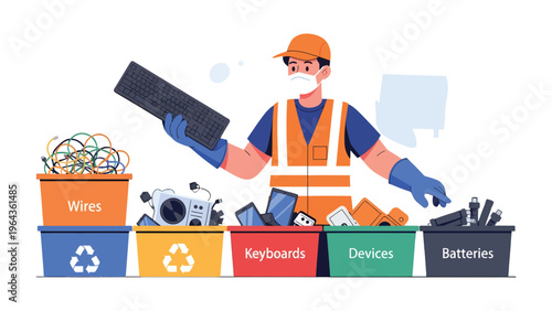 Recycling Technician Sorting Electronic Waste: An illustration captures a dedicated technician meticulously sorting a variety of discarded electronics into designated recycling bins.