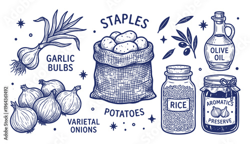 Culinary Staple Collection Vector Illustration, Garlic, Potatoes, Onions, Olive Oil, Rice, and Aromatics Preserve Elements