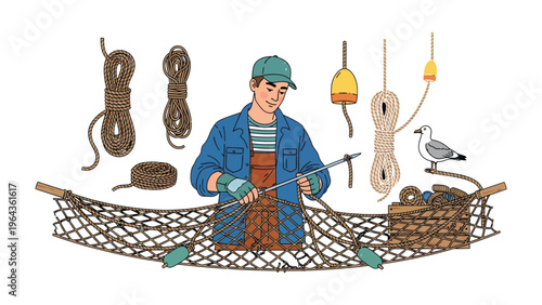 Crafting the Catch: A diligent craftsman meticulously mends a fishing net amidst a collection of nautical tools. Capturing the dedication and artistry of this essential trade.