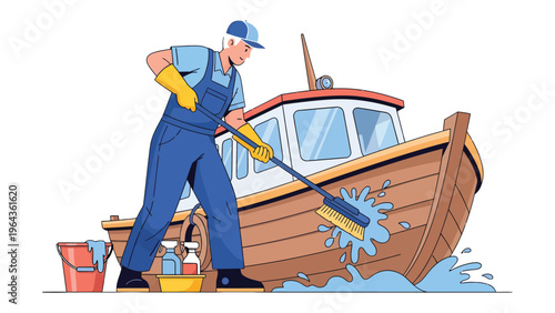 Man Cleaning Boat: An illustration of a man meticulously cleaning a wooden boat, using a brush and bucket, highlighting the care and attention given to marine maintenance.