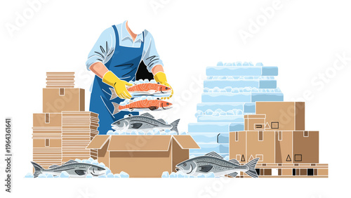 Fresh Catch: A worker meticulously arranges freshly caught fish, nestled within insulated containers and cardboard boxes, ready for distribution.