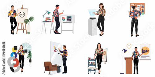 Collection of professional graphic designers and brand specialists working on logo design, identity development, and creative branding projects in a modern studio environment.