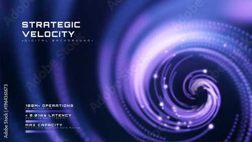 Abstract futuristic technology purple background. Strategic business performance concept with glowing neon swirl and advanced computing data. Vector illustration.