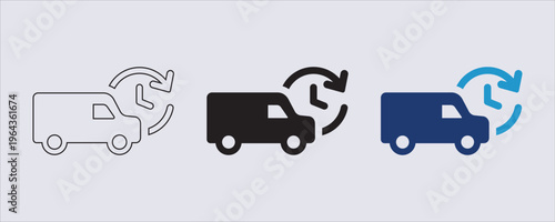 A vector icon representing fast, on-time delivery or a 24-hour shipping service. A delivery truck paired with a clock symbol. used in logistics, e-commerce websites, and mobile applications.