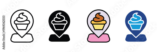 Ice cream cup with map pin location for dessert shop, sweet parlor navigation and food delivery icon set. Frozen yogurt store point symbol. Vector Illustration.