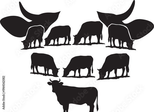 Black Solid Autumn Cow Silhouettes Set of Six on White Background