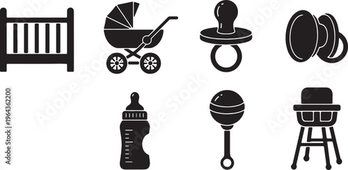 Black Solid Baby Nursery Silhouettes Set of Six on White Background