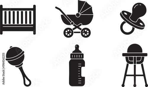 Black Solid Baby Nursery Silhouettes Set of Six on White Background