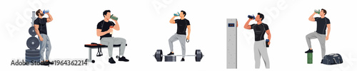 Set of five illustrations featuring a fit man drinking from shaker bottles while resting at the gym with various weightlifting equipment.