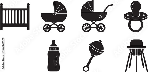 Black Solid Baby Nursery Silhouettes Set of Six on White Background