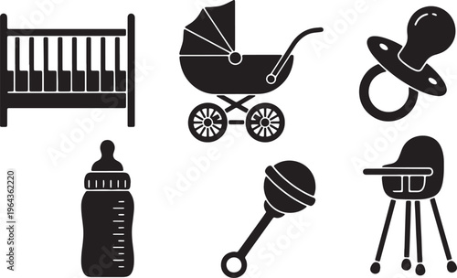 Black Solid Baby Nursery Silhouettes Set of Six on White Background