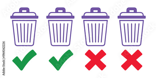 Illustration of purple line style trash bins with validation symbols for proper waste management education.