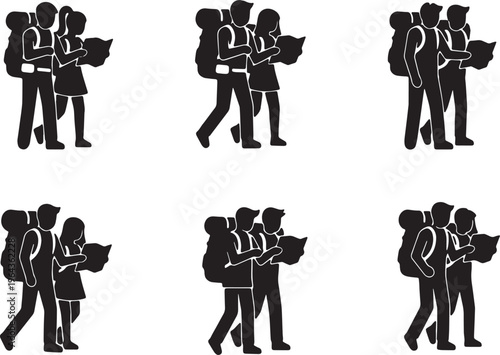 Black Solid Backpacker Travel Couples Silhouettes Set of Six