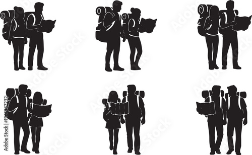 Black Solid Backpacker Travel Couples Silhouettes Set of Six