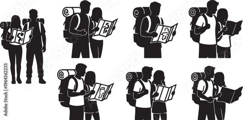 Black Solid Backpacker Travel Couples Silhouettes Set of Six