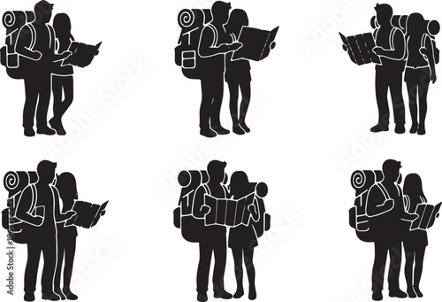 Black Solid Backpacker Travel Couples Silhouettes Set of Six