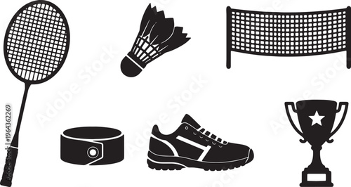 Black Solid Badminton Items Silhouettes Set of Six on White Background