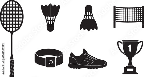 Black Solid Badminton Items Silhouettes Set of Six on White Background