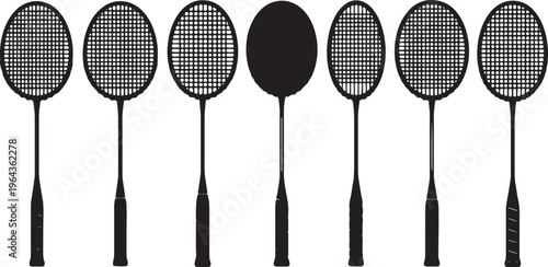Black Solid Badminton Racket Types Silhouettes Set of Six on White Background