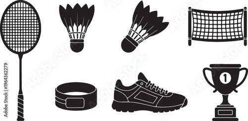 Black Solid Badminton Items Silhouettes Set of Six on White Background