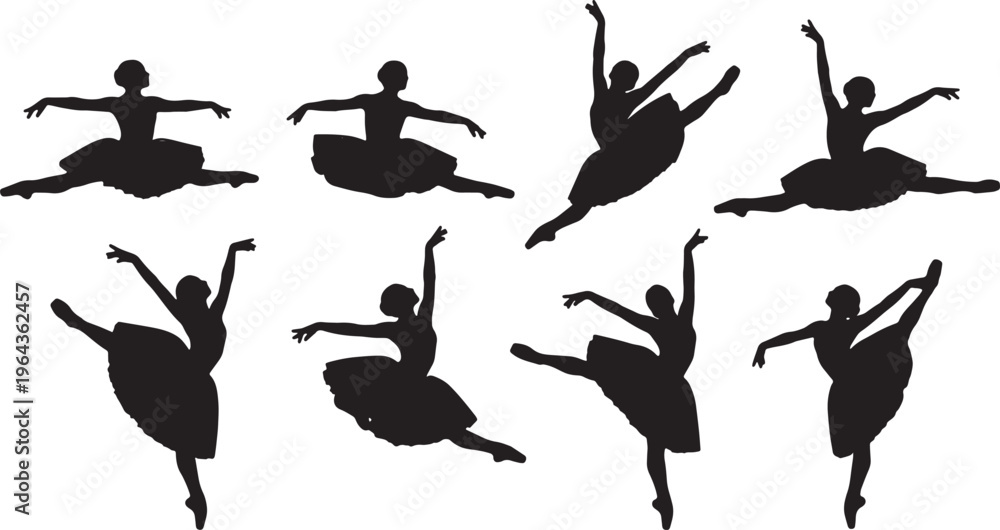 Obraz premium Black Solid Ballet Petit Grand Allegro Silhouettes Set of Six on White Background