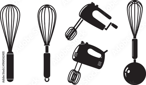 Black Solid Baking Whisks Silhouettes Set of Six on White Background